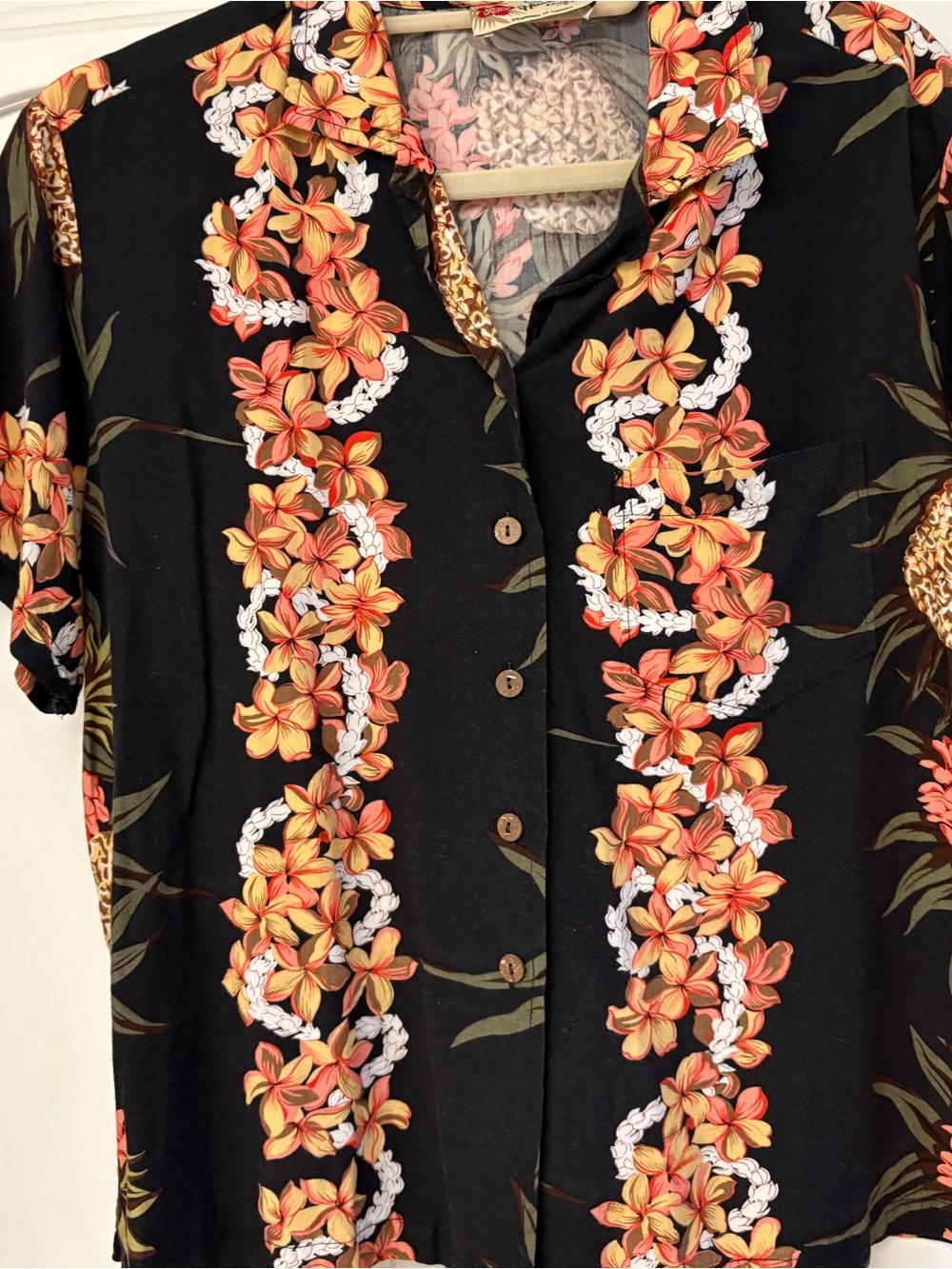 Hilo Hattie Black Button-Front Shirt with Orange Floral Lei Print